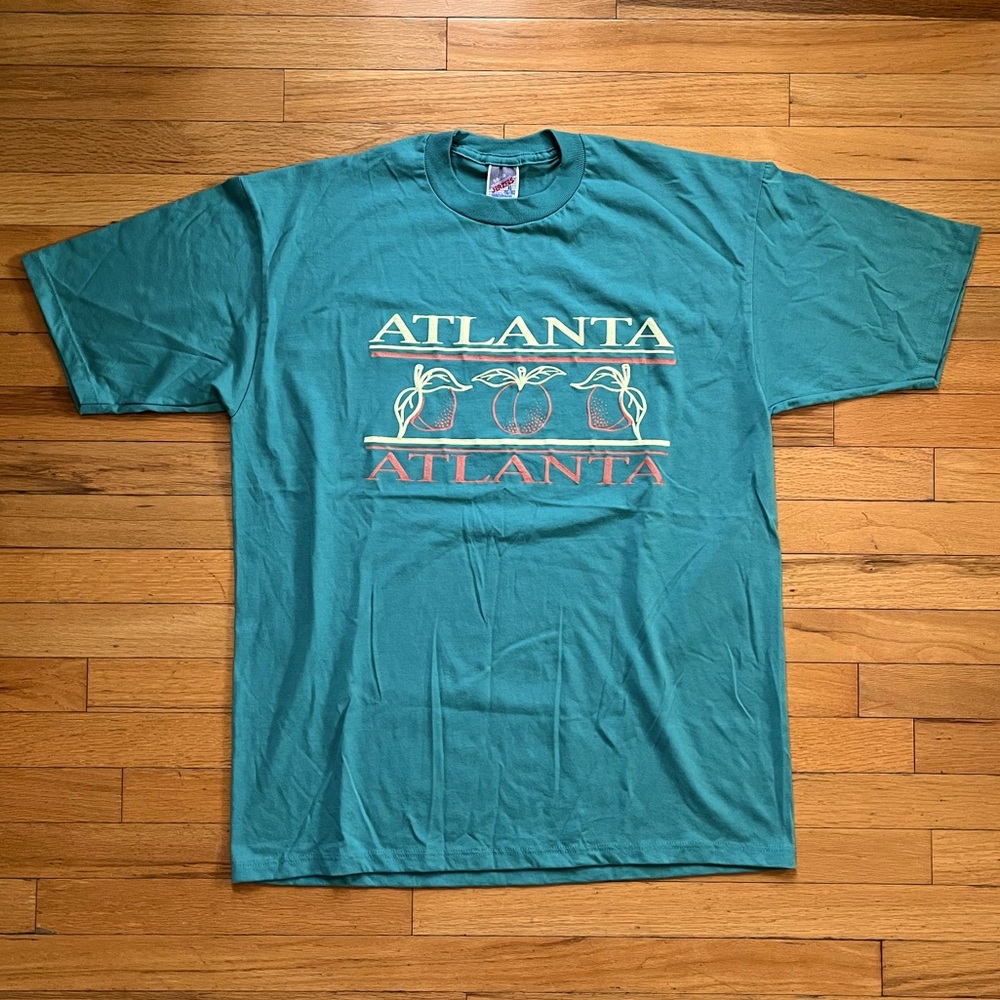 VTG Atlanta Graphic Print T-Shirt Georgia Peach Teal USA 90s Y2K Spellout